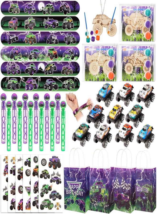 Vanblue 84 Pcs Monster Truck Party Favors Green Purple Truck Car Birthday Decorations Supplies Goodie Bag Stuffers Gift for Boy Party Pinata Filler Classroom Rewards - Image 1